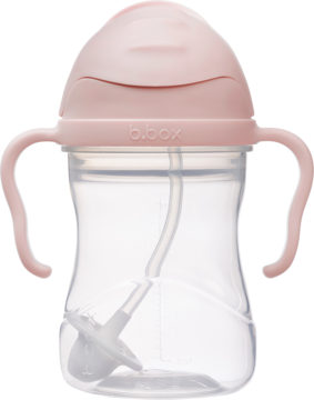 Różowy bidon b.box, transparentny, z uchwytami i obciążoną słomką, widok od przodu. Idealny do nauki picia.