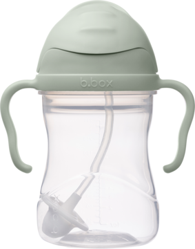 Zielony bidon b.box z uchwytami i obciążoną słomką, widok z przodu. Do nauki picia od 6m+.
