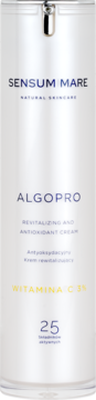 Sensum Mare Algopro krem rewitalizujący z Witaminą C 3% w białej butelce z pompką, widok z przodu.