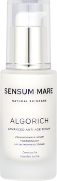 Serum SENSUM MARE ALGORICH Advanced Anti Age w białej butelce z srebrną pompką, dla cery suchej i bardzo suchej, widok z przodu.
