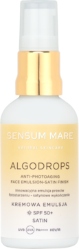 Sensum Mare Algodrops emulsja ochronna SPF 50+ w białej butelce z pompką, satynowe wykończenie, widok z przodu.