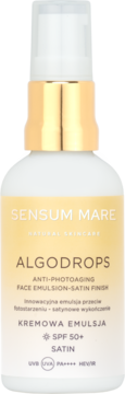 Sensum Mare Algodrops SPF 50+ Satin emulsja, biała butelka z złotą pompką, widoczny przód.
