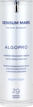 Serum Sensum Mare Algopro, biała butelka z pompką. Serum przeciwzmarszczkowe z 29 składnikami aktywnymi i potrójnym peptydem.