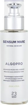 Biała butelka Sensum Mare ALGOPRO z pompką. Mikrozłuszczająca esencja AHA+PHA redukuje niedoskonałości skóry.