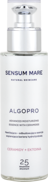 Biała butelka Sensum Mare Algopro Advanced Moisturizing Essence z ceramidami i ektoiną, z srebrnym dozownikiem.