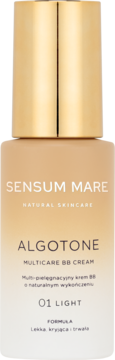 Sensum Mare Algotone Multicare krem BB 01 Light w jasnobeżowej butelce z metaliczną złotą nakrętką, widok z przodu.