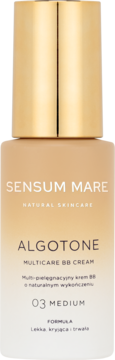Krem BB Sensum Mare Algotone 03 Medium, wielofunkcyjny, z naturalnym wykończeniem, w beżowej butelce, widok z przodu.