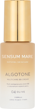 Krem BB Sensum Mare Algotone 04 Olive, beżowa butelka z pompką i złotą nakrętką, zbliżenie z przodu.