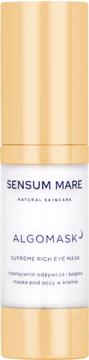 Biała tubka Sensum Mare Algomask Supreme Rich Eye Mask ze złotymi wykończeniami, intensywnie odżywcza, widok z przodu.