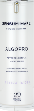 Białe serum Sensum Mare Algopro Advanced Retinal 0.08% na noc, regenerujące, z pompką, widok z przodu.