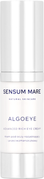 SENSUM MARE ALGOEYE, zaawansowany krem pod oczy w białej butelce z pompką, widok z przodu.