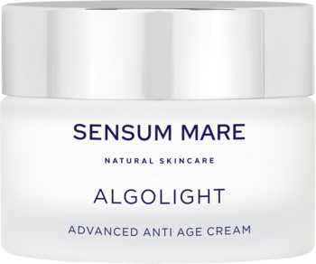 Biały słoiczek kremu SENSUM MARE ALGOLIGHT, lekki zaawansowany krem anti-age do cery tłustej, widok z przodu.