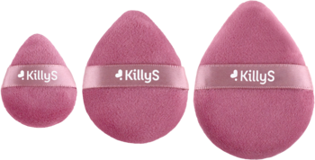 Trzy różowe, aksamitne puszki KillyS w kształcie łezki, w trzech rozmiarach, do aplikacji pudru, widok z przodu.