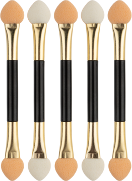 Zestaw pięciu podwójnych aplikatorów do cieni z czarno-złotymi uchwytami, gąbkowe końcówki w kolorze pomarańczowym i kremowym.