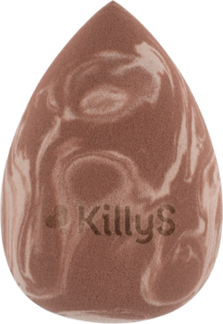 Gąbka do makijażu KillyS, brązowa z marmurkowym wzorem, matowa, widok z przodu, na delikatnym tle.