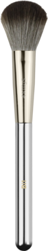 Professional makeup brush with soft dark bristles, shiny silver ferrule, and sleek silver handle with '25'.