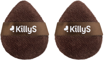 Dwie brązowe aksamitne gąbeczki KillyS do pudru, z białym logo na środkowej wstążce, widok z przodu.