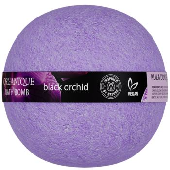 Organique Black Orchid: duża, fioletowa kula do kąpieli z czarną etykietą, widok z przodu.