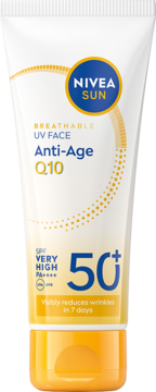 NIVEA SUN Anti-Age Q10 SPF50+ krem do twarzy, biała tubka z pomarańczowym akcentem, widok z przodu.