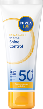 Nivea Sun UV Face Shine Control SPF50+ krem matujący do twarzy, biała tubka, widok z przodu.