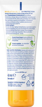 Tył białej tuby NIVEA SUN UV Face SPF50+ Matujący krem do twarzy, z żółtym korkiem i polskimi informacjami.