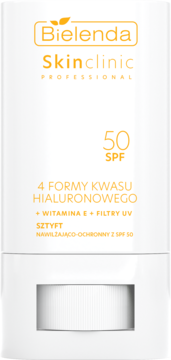 Bielenda Skinclinic nawilżający sztyft SPF 50 z kwasem hialuronowym, witaminą E, widok z przodu, białe opakowanie.