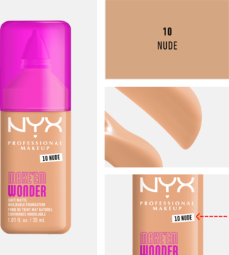 NYX Make 'Em Wonder, matujący podkład w odcieniu Nude, butelka z różową pompką i zbliżenia na kolor.