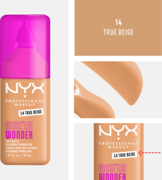Matujący podkład NYX Make 'Em Wonder 14 True Beige: butelka z różową pompką i próbki koloru na białym tle.