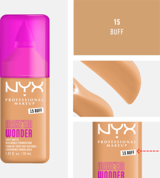 Matujący podkład NYX Make Em Wonder 15 Buff: butelka z różową pompką i próbki koloru na szarym tle.