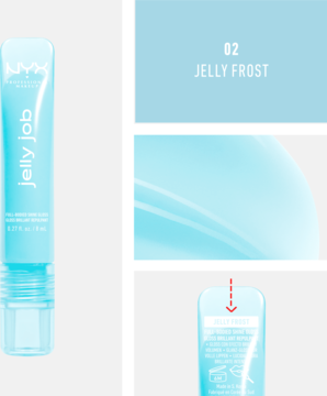 NYX Jelly Job błyszczyk w odcieniu Jelly Frost, błękitna tubka, obok nazwa odcienia i zbliżenie formuły.