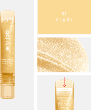 NYX Jelly Job Glow Job: błyszczyk w złotej tubie, zbliżenie na lśniący, żelowy swatch i detal aplikatora.