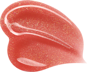 Swatch błyszczyka do ust NYX Jelly Job Jelly Squeeze, koralowo-brzoskwiniowy z brokatem, o żelowej, lśniącej konsystencji.