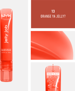 Pomarańczowy błyszczyk NYX Jelly Job w tubce z białym napisem, swatch koloru Orange Ya Jelly?, detale opakowania.