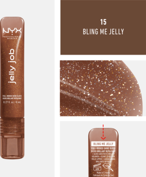 NYX Jelly Job błyszczyk 15 Bling Me Jelly, brązowy z brokatem. Ujęcie tubki, swatch i detalu tekstury.