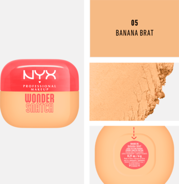 NYX Wonder Snatch Powder Banana Brat, rozjaśniający puder wygładzający, opakowanie i swatch koloru.