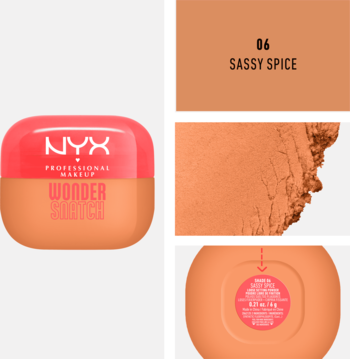 Puder wygładzający NYX Wonder Snatch Sassy Spice 06. Kolaż: opakowanie, matowa tekstura i spód.