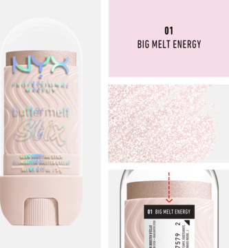 Kolaż: rozświetlacz NYX Buttermelt Stix 01 Big Melt Energy, jasnoróżowy sztyft z holograficznym logo, promienny swatch.