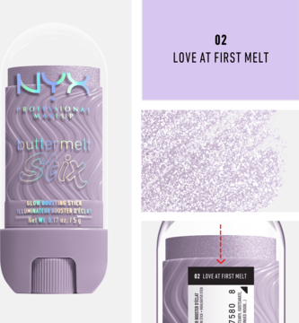 NYX Buttermelt Stix rozświetlacz w liliowym sztyfcie, odcień Love At First Melt, z holograficznym logo.