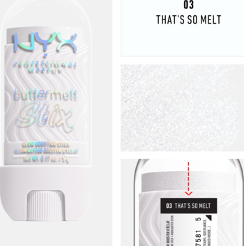 Biały rozświetlacz NYX Buttermelt Stix 03 That's So Melt z holograficznym napisem, widok produktu.
