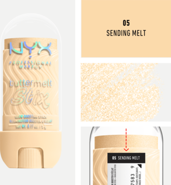 NYX Buttermelt Stix, rozświetlacz w sztyfcie 05 Sending Melt. Opakowanie, swatch i etykieta odcienia.