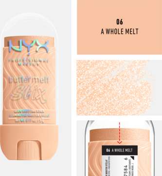 Rozświetlacz NYX Buttermelt Stix A Whole Melt, sztyft, jasny brzoskwiniowy odcień, z widocznym swatche blasku.