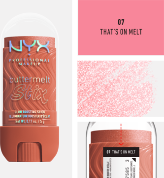 NYX Buttermelt Stix 07 That's On Melt, koralowy rozświetlacz w sztyfcie, zdjęcie produktu i swatcha.