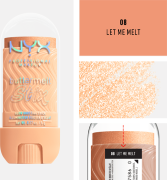 Rozświetlacz NYX Buttermelt Stix 08 Let Me Melt, brzoskwiniowy stick z widocznymi detalami i próbką koloru.
