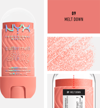 Koralowy rozświetlacz NYX Buttermelt Stix Melt Down 09, z opakowaniem, próbką koloru i tekstury.