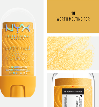 NYX Buttermelt Stix, złoty rozświetlacz w sztyfcie Worth Melting For, ze swatchem i etykietą "10 Worth Melting For".