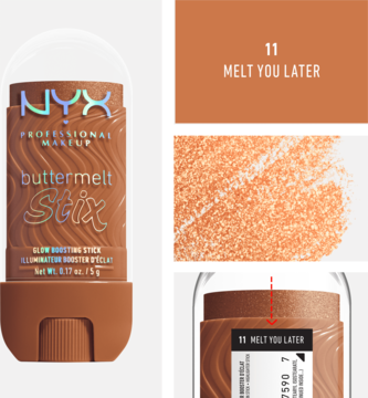 NYX Buttermelt Stix rozświetlacz w sztyfcie, odcień Melt You Later, brzoskwiniowo-złoty, widok produktu i swatcha.