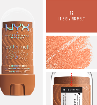 NYX Buttermelt Stix rozświetlacz, odcień It's Giving Melt. Brązowy sztyft, lśniący beżowy swatch.