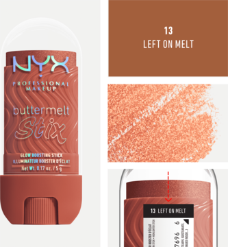 NYX Buttermelt Stix rozświetlacz w sztyfcie, Left On Melt. Sztyft, swatch, etykieta; kremowy, brzoskwiniowy połysk.