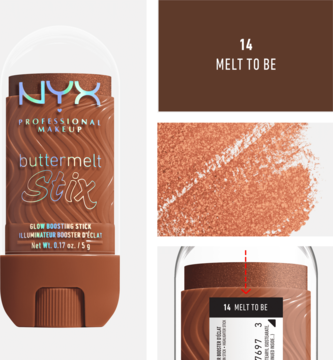 NYX Buttermelt Stix rozświetlacz w sztyfcie 14 Melt To Be, brązowe opakowanie i próbnik koloru.