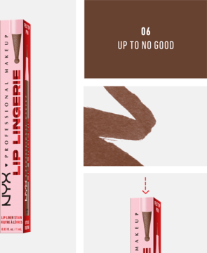 NYX Lip Lingerie liquid lip liner 'Up To No Good' in brown, shown with packaging and a precise color swatch.